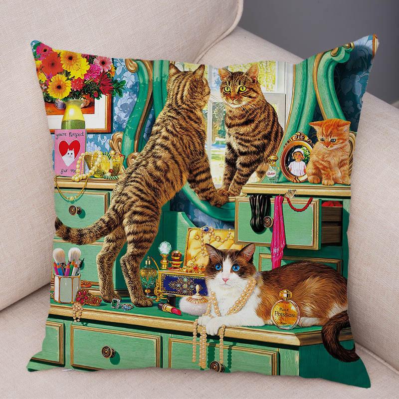 Oil Painting Color Cat Cushion Cover Pillowcase Home Decor Cartoon Animal Sofa Pillowcase Pillowcase Aesthetics