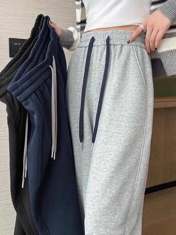 Women's Plus Velvet Wide-Leg Pants, Casual High School Sports Sweatpants, Thickened for Autumn/Winter