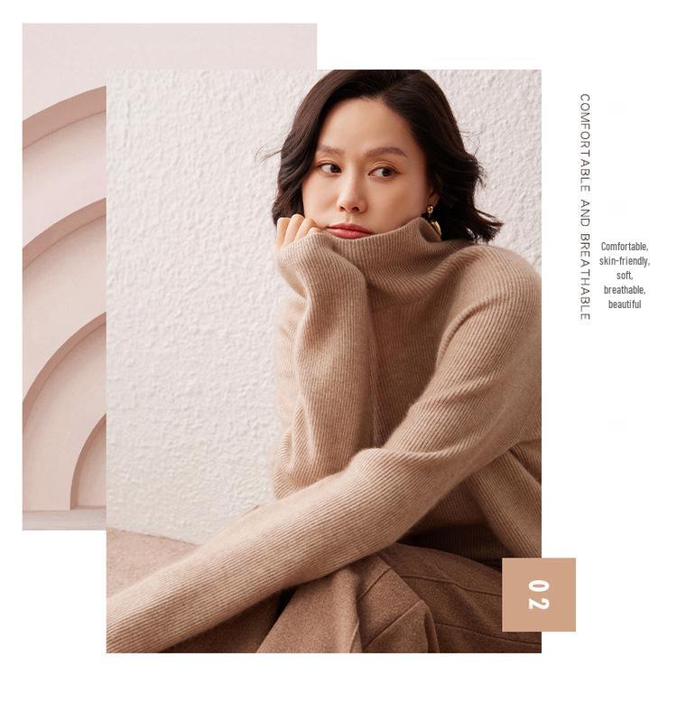 Women's High Neck Cashmere Sweater - 2026 Autumn/Winter Ribbed Knit, Simple Loose Fit, Slimming & Warm