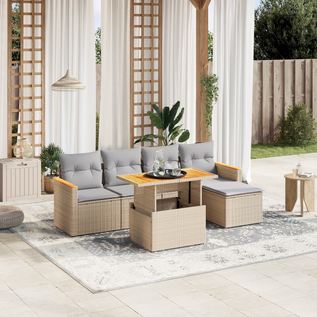 Vidaxl 6-Cz. Garden Furniture Set With Cushions, Beige, Poly Rattan