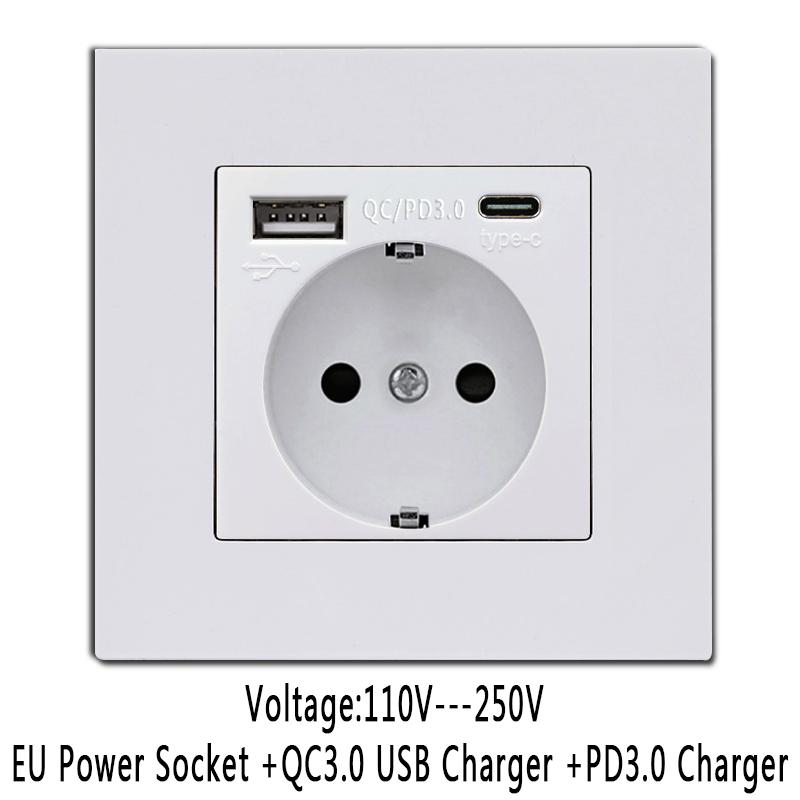 

EU Wall Power Socket with usb charging for home,Type-c QC3.0 Usb Electrical Charger,110V-250V Outlet PC Panel 86*86mm EU White