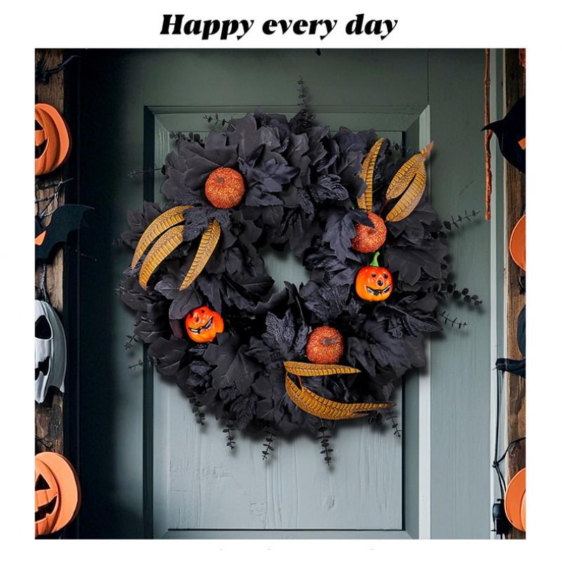 Halloween Black Maple Wreath Ghost Party Decorative Pumpkin Vine Hoop Door Hanging Prop