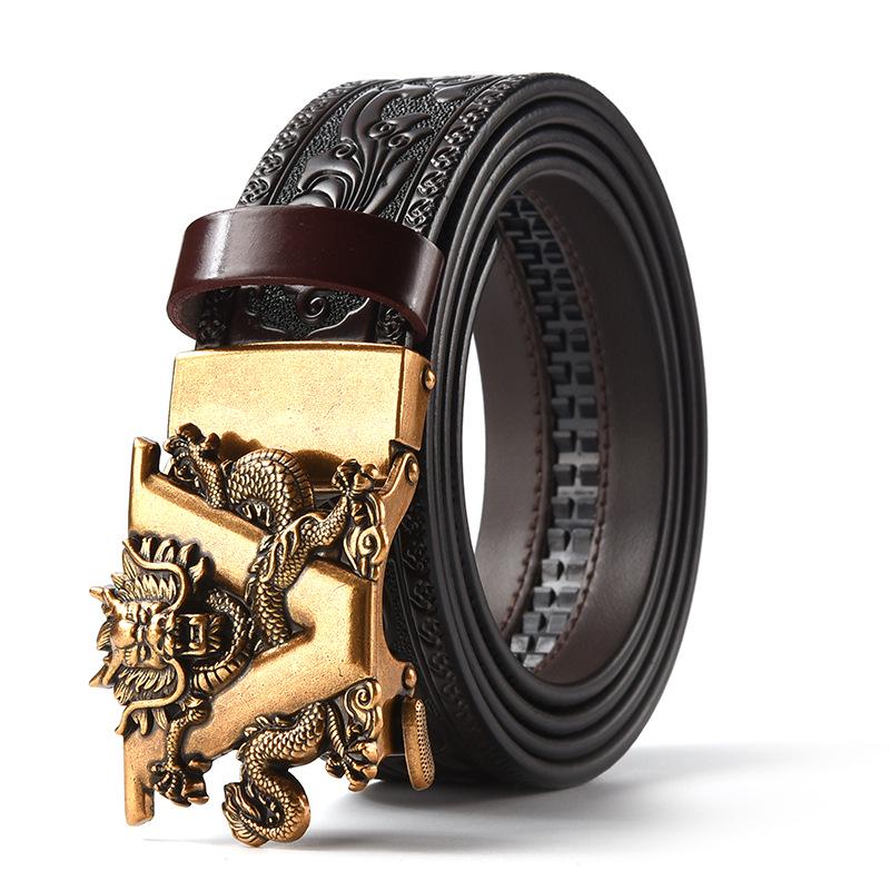 Men's Retro Dragon Head Genuine Leather Belt with Carved Embossed Design
