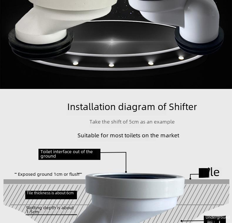 Thickened PP Toilet Shifter Pipe with Horizontal Water Connection, Adjusts Pit Distance by 2.5cm or 5cm