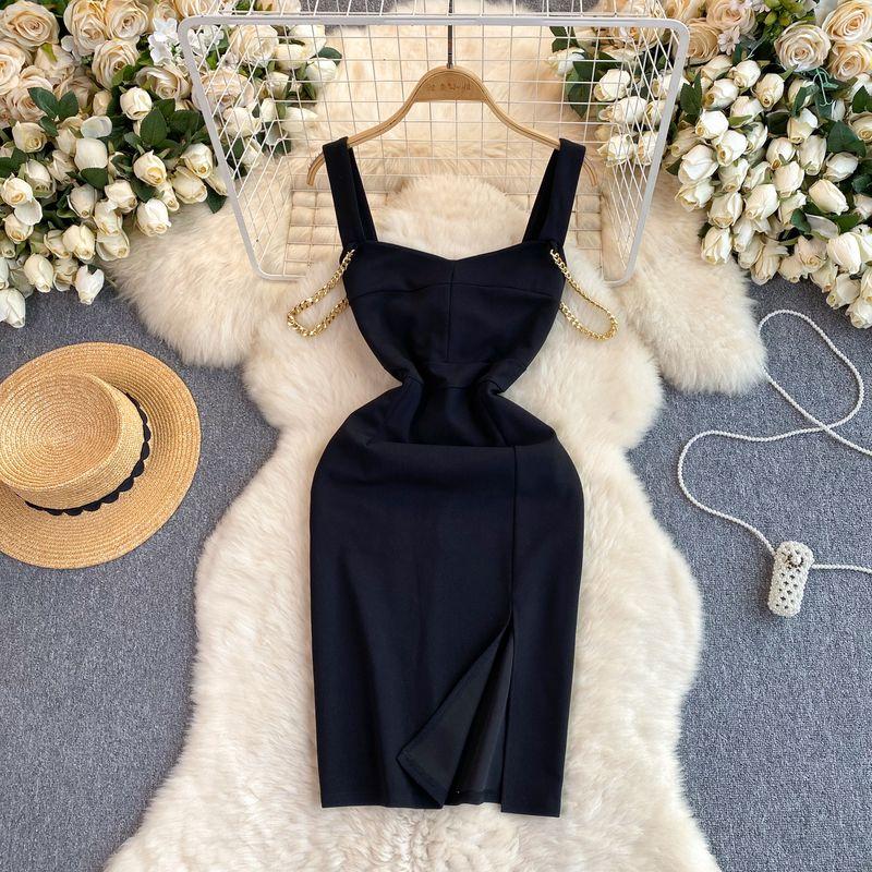 

Accessible Luxury Chain Slim Fit Slit Little Black Dress with Suspenders Black XL