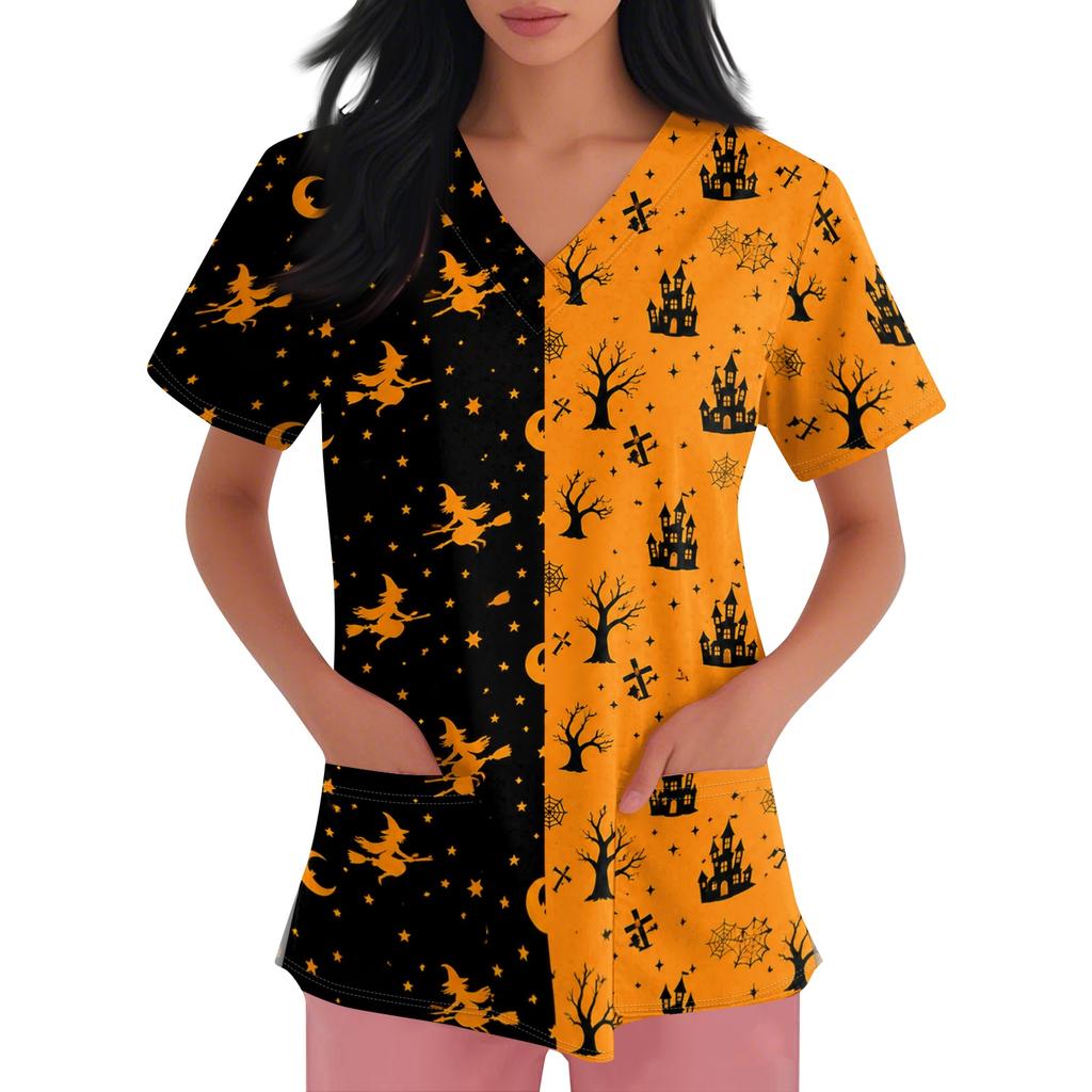 Women's short-sleeved Halloween print V-neck pocket protective work shirt