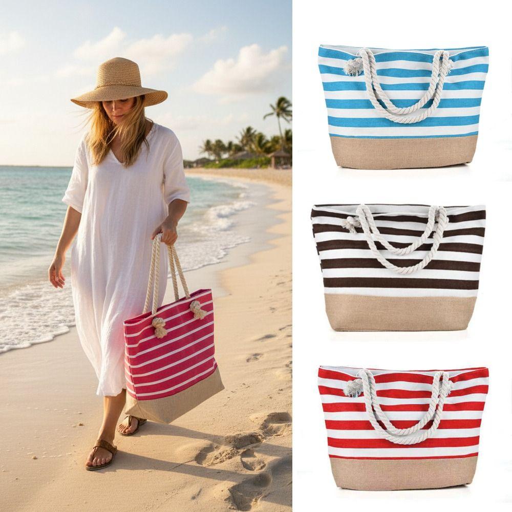 Striped Beach Tote Bag Canvas Foldable Travel Handbag Large Capacity Zipper Gym Grocery Vacation Bags