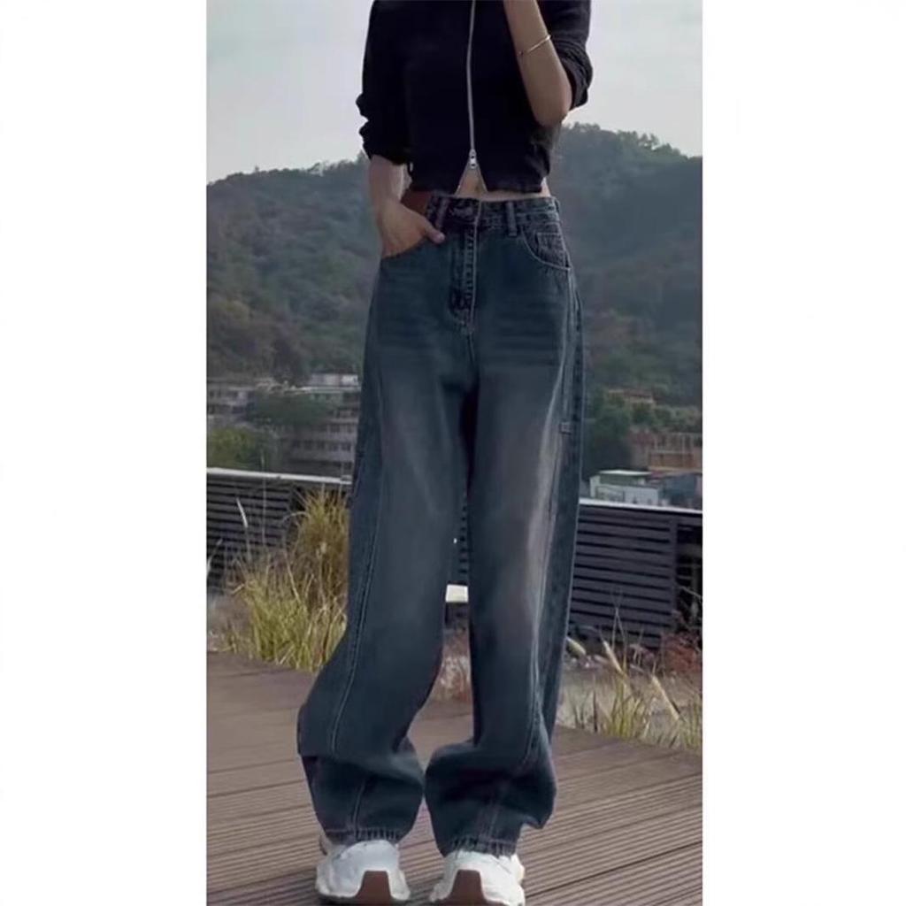 Women's Blue Retro Wide-Leg Jeans - Spring Collection, Floor-Length, Small To Plus Sizes, Trendy and Loose Fit.