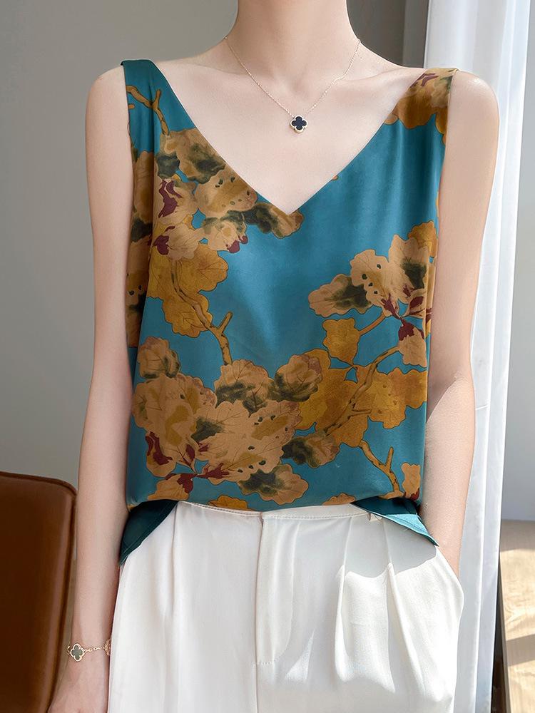 

Летняя майка на сатине с V-образным вырезом и принтом: Женский универсальный свободный топ без рукавов XXL 67-75kg