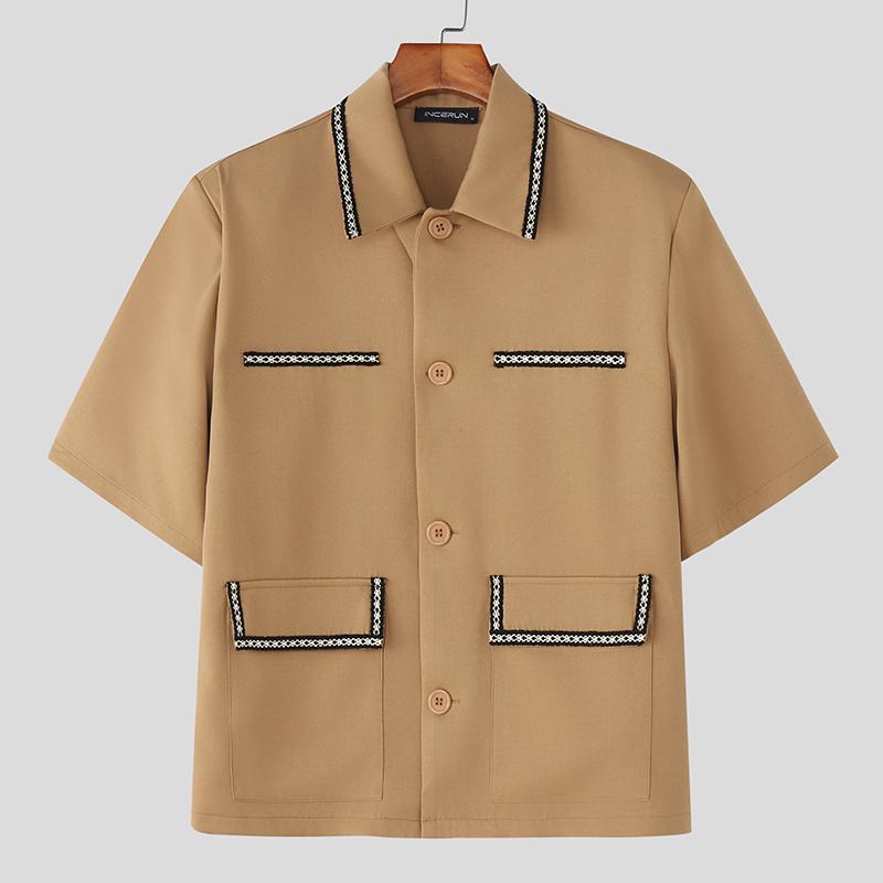 

INCERUN Men Lapel Short Sleeve Embroidery Patchwork Casual Loose Shirts Tops S хакі