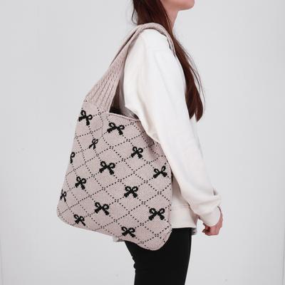 Women Crochet Tote Handbag Large Capacity Crochet Grocery Bag Contrast Color Travel Shopping Handbag Female Holiday Bag