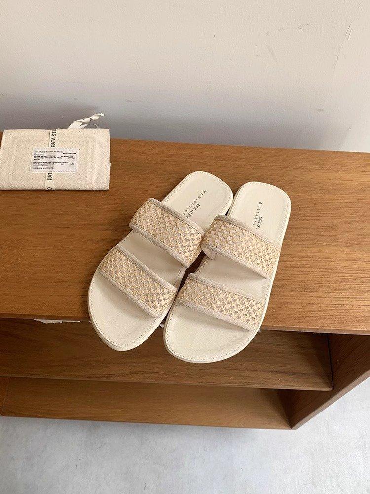 

[Armano] Explosive wear Korean woven double belt design seaside beach cool slippers soft bottom versatile one-word drag 40 абрикосовый