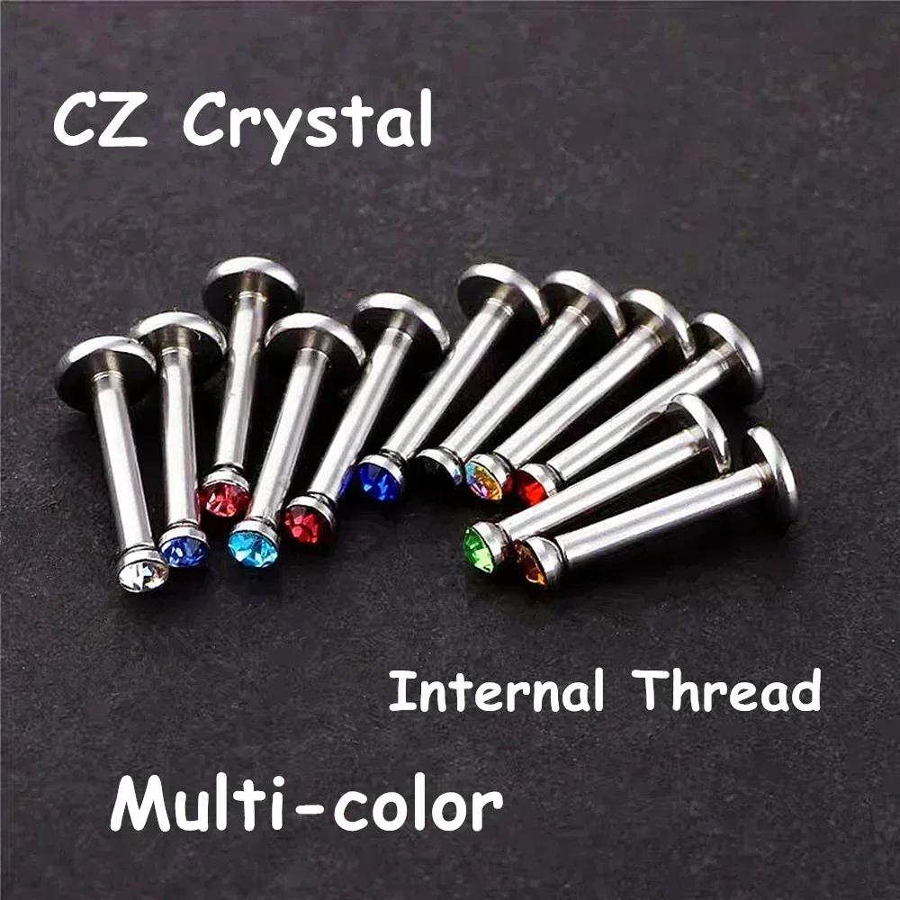 2X 2mm Multicolour Crystal Internal Thread Labret 6mm - 12mm Steel Ring Bar Ear Tragus Monroe Lip Stud Piercing