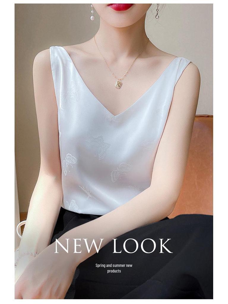 2023 Summer Women's V-Neck Silk Satin Camisole with Draped Silhouette