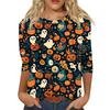 Women Halloween Print Casual Crew Neck Three Quarter Sleeve Loose Fit T Shirt Top for Autumn and Everyday Wear