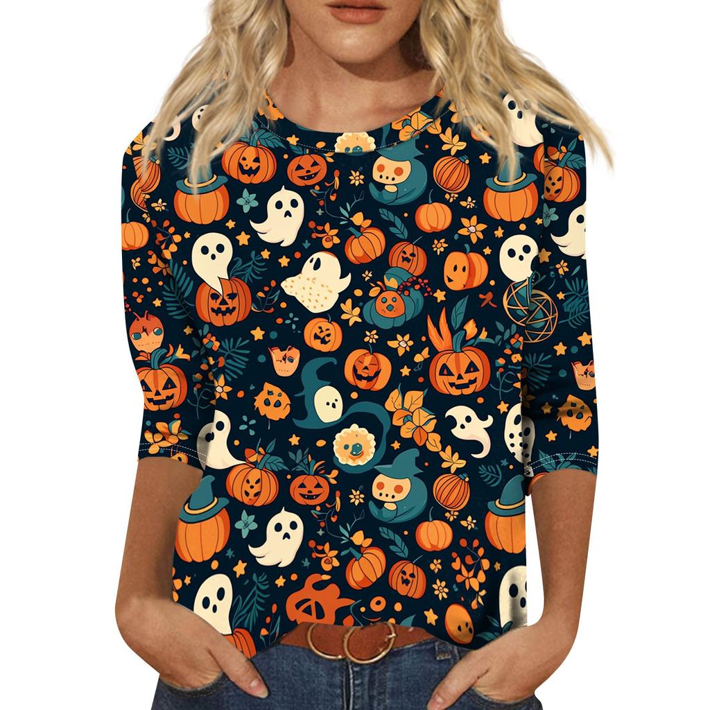 Women Halloween Print Casual Crew Neck Three Quarter Sleeve Loose Fit T Shirt Top for Autumn and Everyday Wear