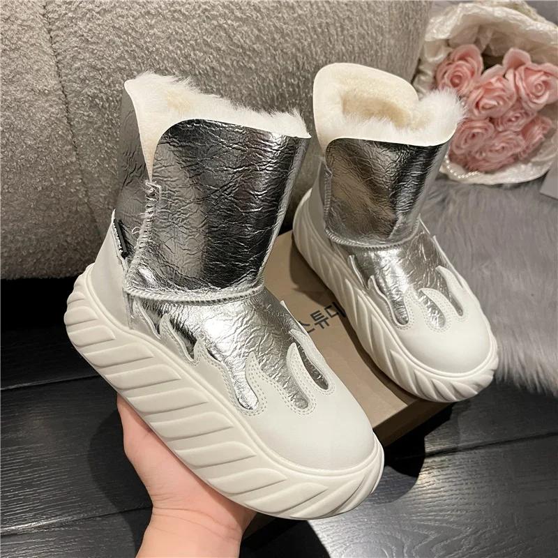 Fashion Snow Boots Women Winter Warm Spliced Platform Ankle Boots Fashion Non-slip Round Toe Plush Thickening Slip On Cotton Shoes