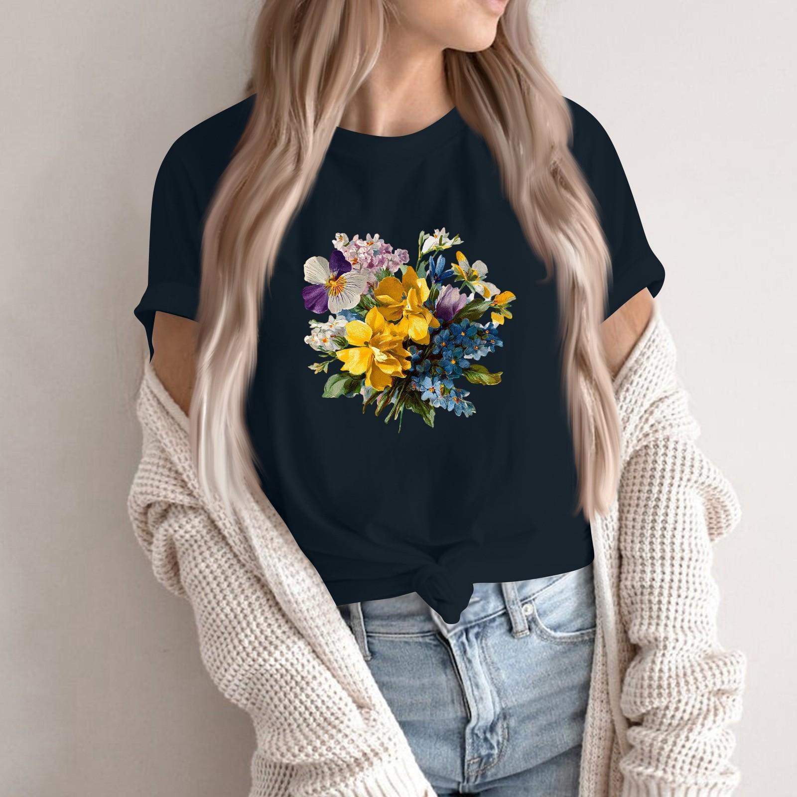 

Женская модная повседневная футболка-пуловер с принтом, круглым вырезом и короткими рукавами S тёмно-синий