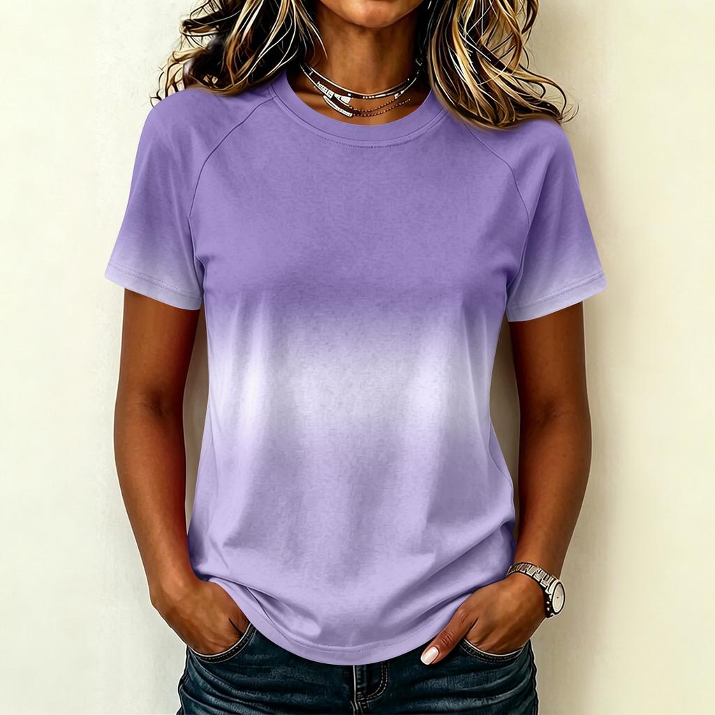 Damen Casual Raglanärmel Rundhals Kurzarm T-Shirt Farbverlauf Druck Leichtes Sommer Oberteil