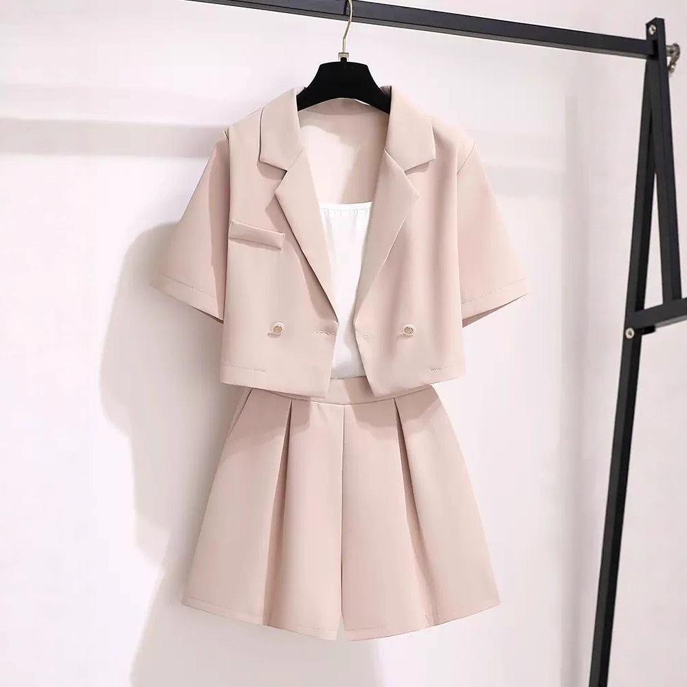 Modny Garnitur Xiaoxiangfeng Damski Letni Wysokiej Klasy Mały Strój Dwuczęściowy Krótki Rękaw Szorty Zestaw