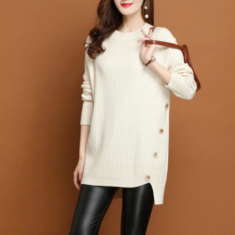 

Женский свитер с круглым вырезом средней длины свободного кроя, новый модный трикотажный базовый свитер на весну и осень Average size