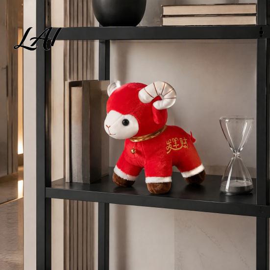 Decorative Sheep Pillow Plush Red Doll for Lunar New Year Decoration Soft Stuffed Animal Toy with Auspicious Fortune Gift Embroidery And Bell Collar,