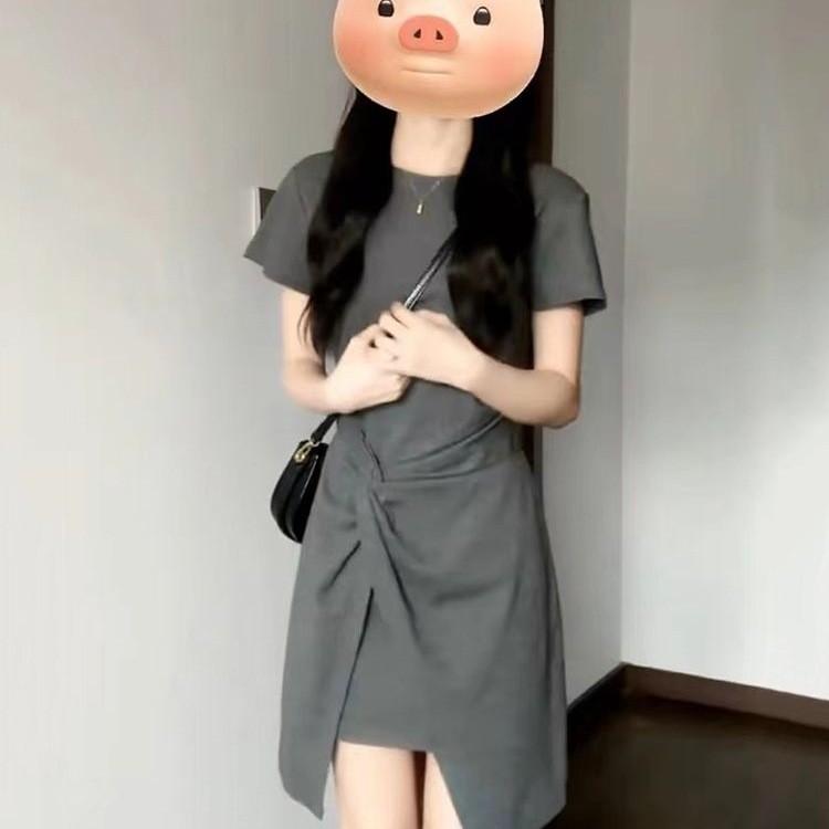 Classic French Style Grey Knit Short Sleeve Dress For Business Casual Women