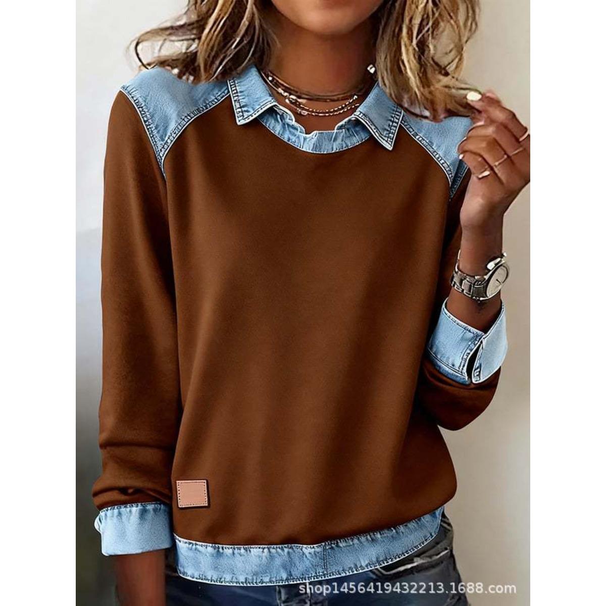 

Жіночий одяг, Пуловер з довгим рукавом з денім коміром, В язаний топ з нашивками XL