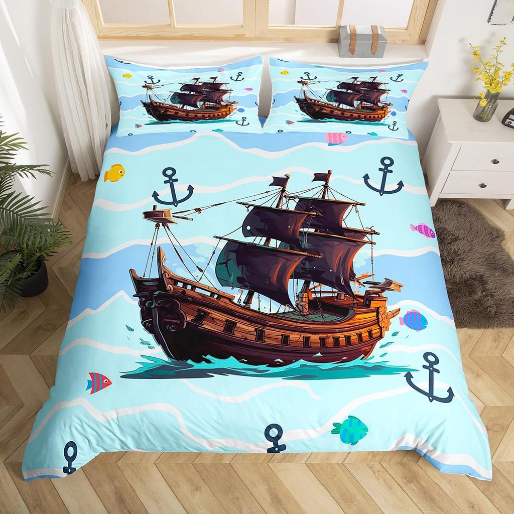 Anchor Bedding Set Nautical Sailboat Duvet Cover Wood Board Design Pattern Comforter Cover for Boys Ocean Theme Quilt Cover