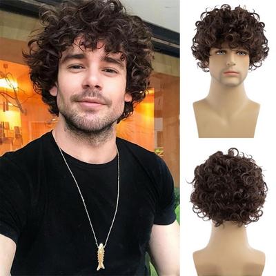 Perucă Sintetică Scurtă Maro pentru Bărbați Afro Dezordonat Permanent Bucle Tunsoare Perucă Frumoasă Cool cu Breton Cosplay Petrecere Carnaval