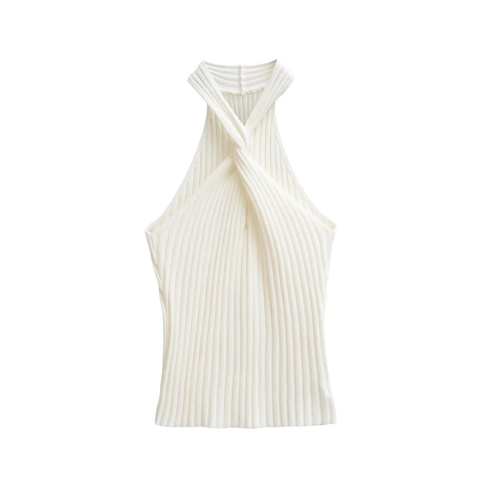 

Elegant Off-the-Shoulder Halter Knit Vest - Women s Slimming Sexy Style Medium білий
