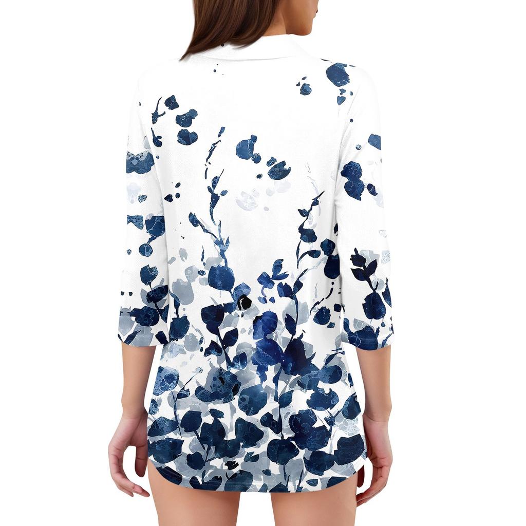 Damenmode Lässig Revers 3/4 Ärmel Print Hemd Damen V-Ausschnitt Oberteile