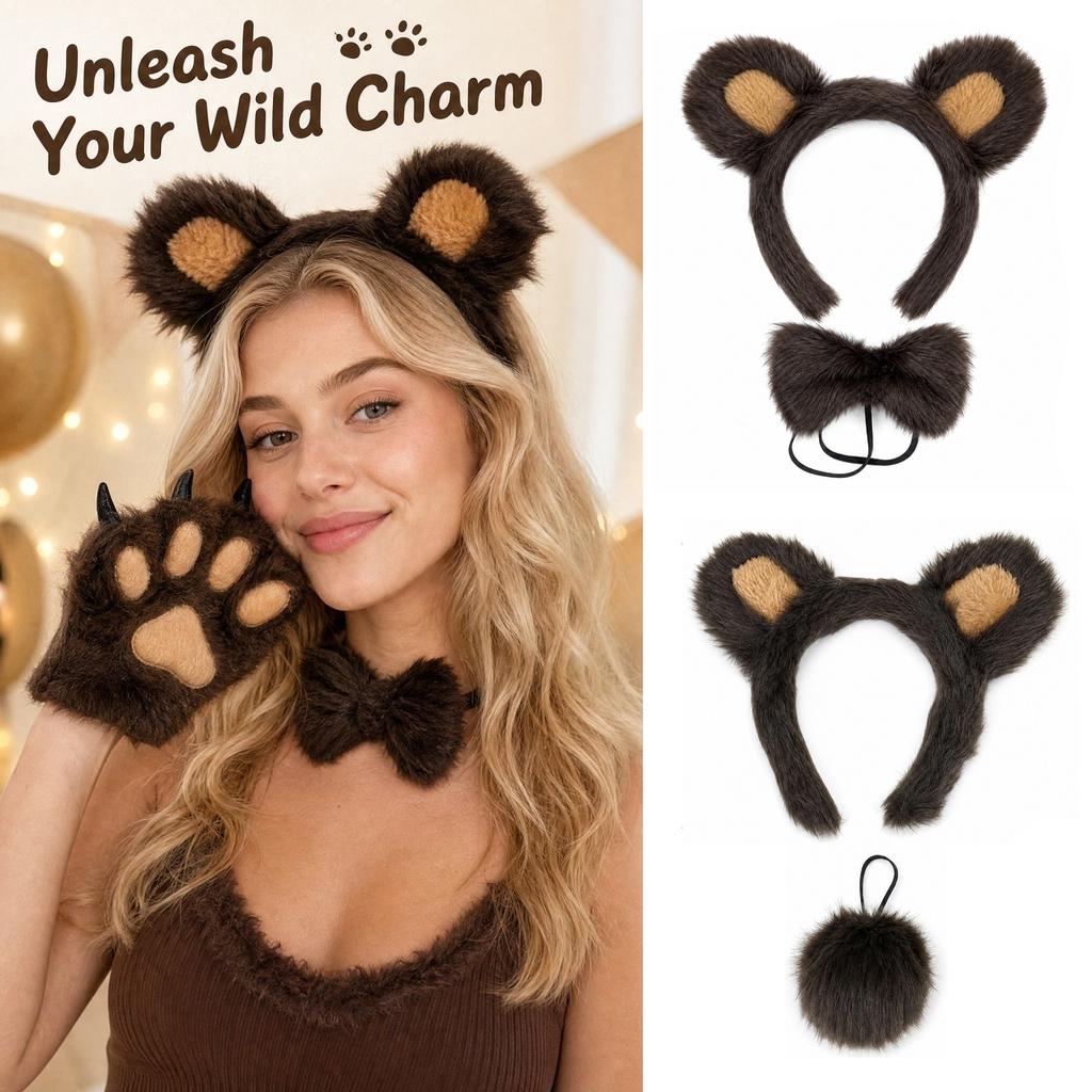 Furry Brown Bear Ears Headband Set for Costume Party Theme Events