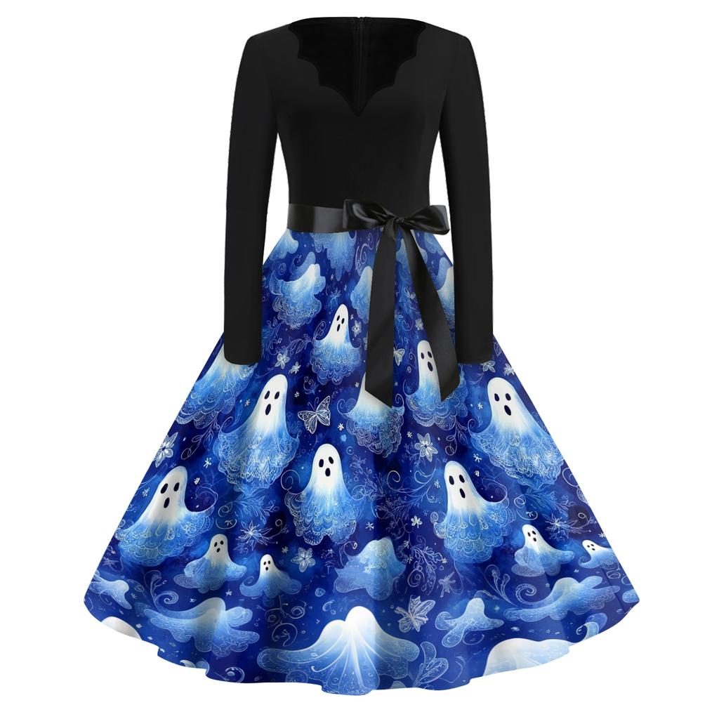Women's Casual Vintage V Neck Dress Halloween Printed Long Sleeve Retro Style Pumpkin Bat Pattern Full Skirt Dress with Waist Tie