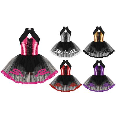 Girls Sleeveless Round Collar Shiny Sequins Ruffle Lace Decorated Straps Hollow Back Tutu Mesh Dance Dress