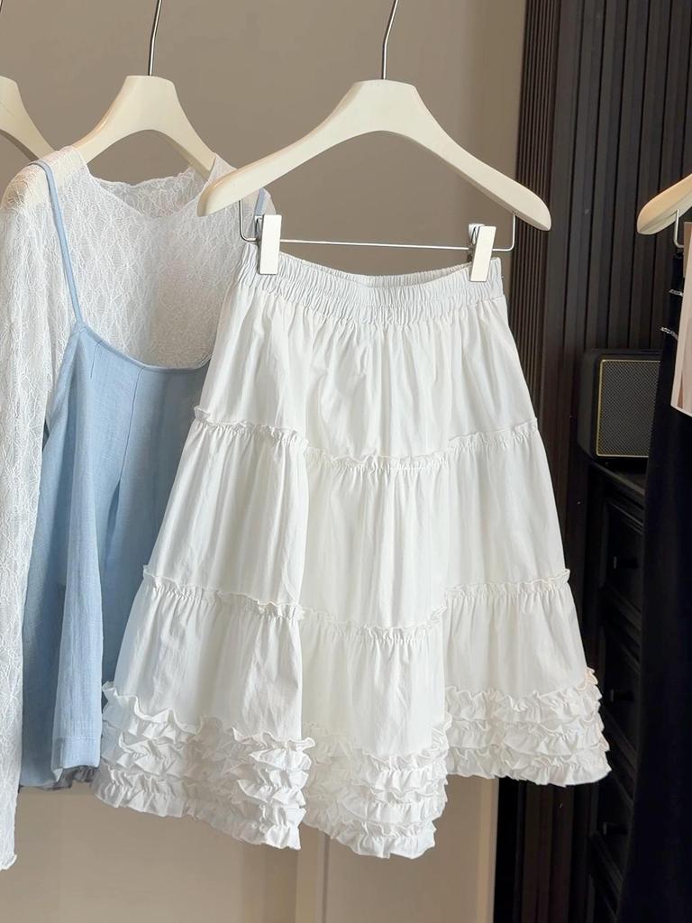 White Sweet Ruffled A-line Midi Skirt - Women's Summer High-Waisted Versatile Petite Style