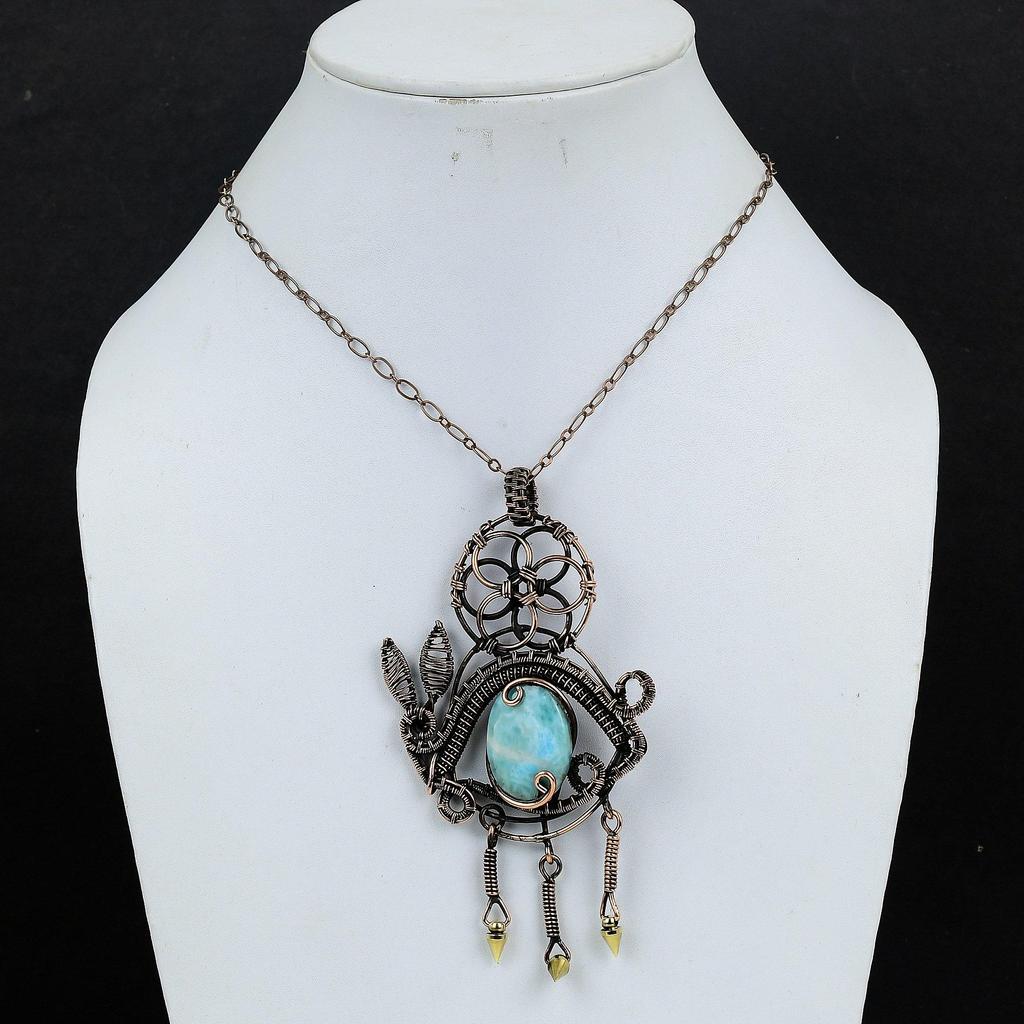 Larimar Pendant Gemstone Jewelry, 999 Copper Wire Wrapped Pendant, Handmade Jewelry Birthstone Pendant, Gift For Him