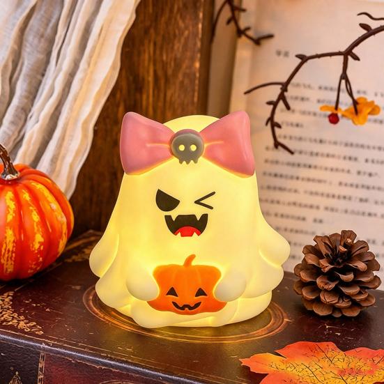 Safe Flameless Candle Cute Halloween Ghost/Pumpkin LED Night Light for Desktop Decoration, Battery Operated Table Lamp Nursery with Warm