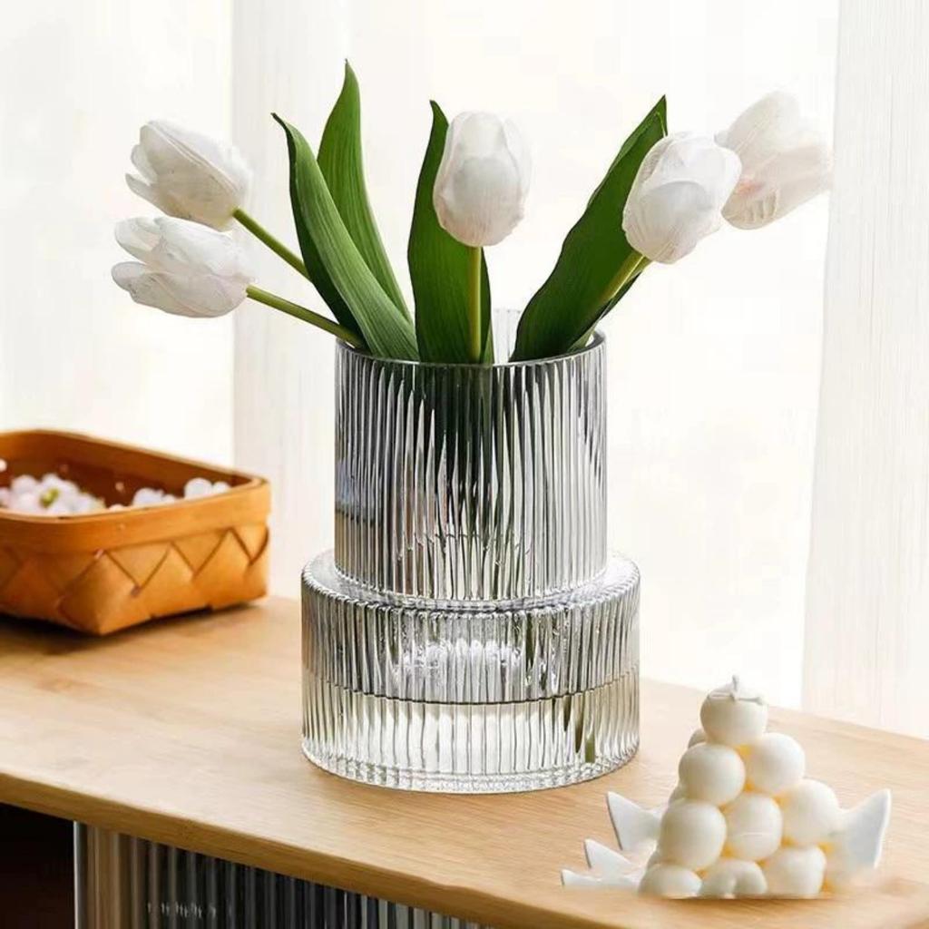 Clear Glass Vase, Ribbed Vase, Fluted Glass Vase, Flower Vase, Modern Vase For Centerpieces, Decorative Vase