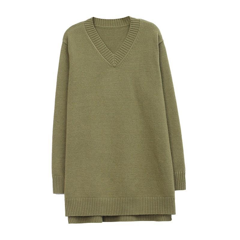 Plus Size Women's V-Neck Loose Long Knitted Sweater Autumn Winter Solid Color Casual Warm Pullover