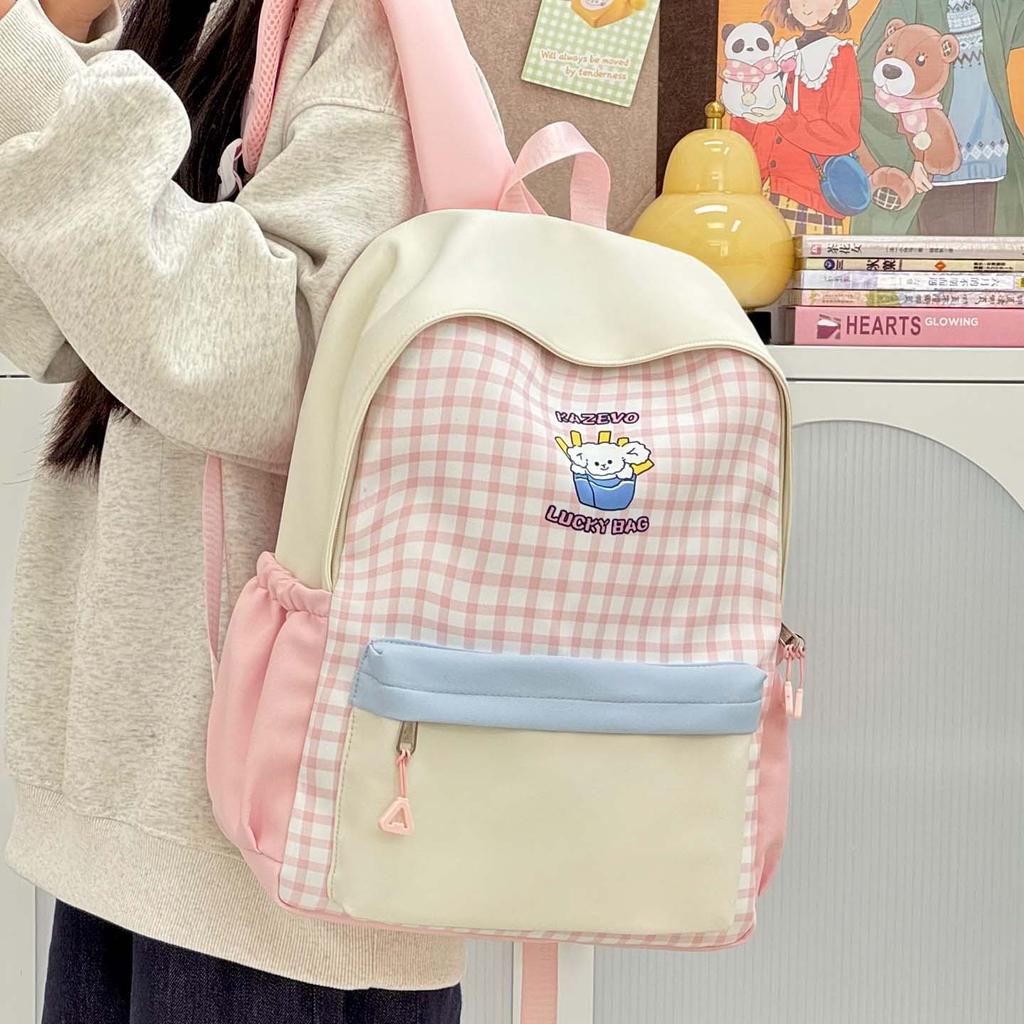 Schoolbag New High School Schoolbag, Light and High-value Ins Fresh and Sweet Plaid Contrasting Color Splicing Backpack, Initial Backpack.