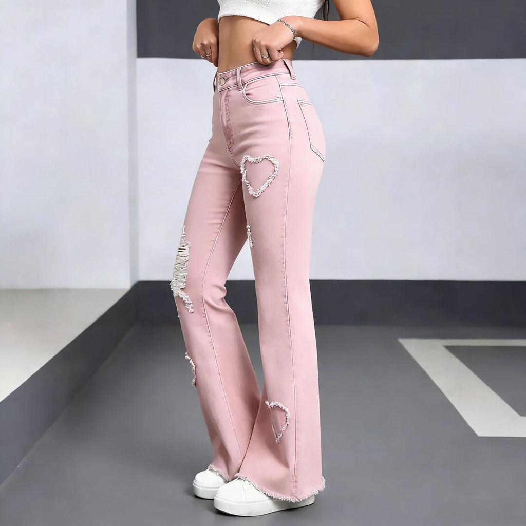 Denim Flared Pants Women Hole Jeans Boot Cut Distressed Streetwear High Waist Stretch Washed Vintage Full Length Trousers