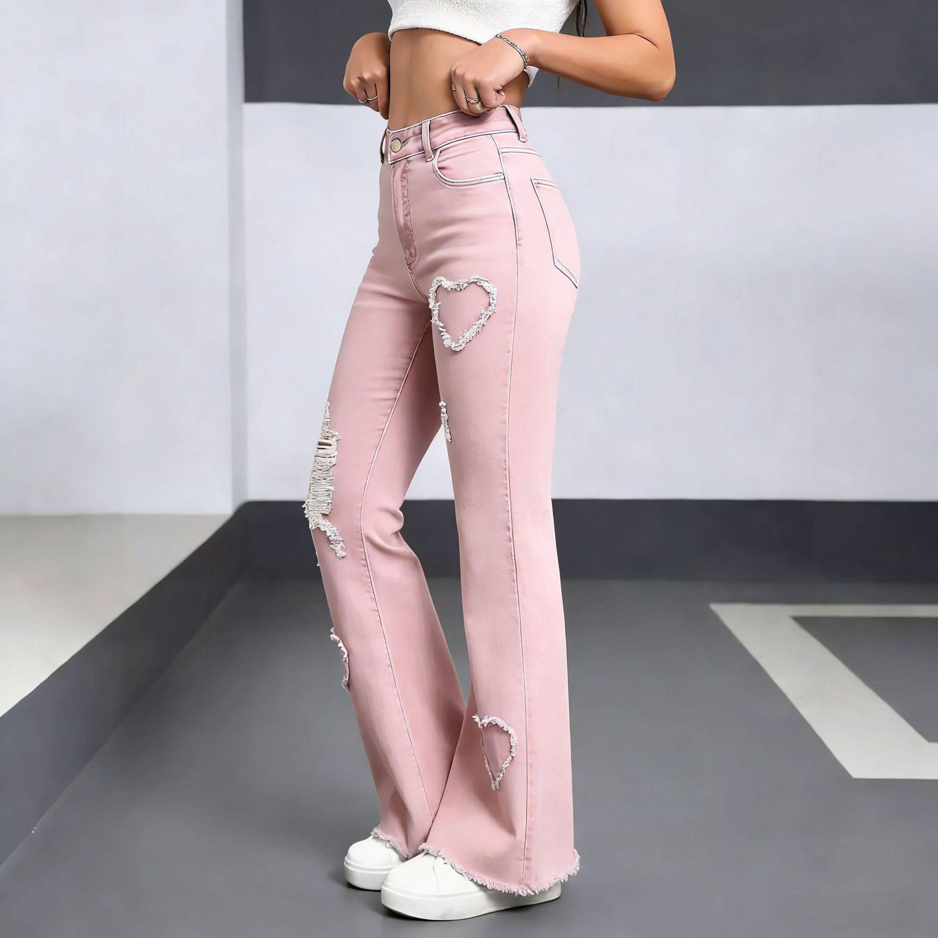 

Джинсовые Расклешенные Брюки Женские С Дырками Джинсы Boot Cut Потертые Уличный Стиль Высокая Талия Эластичные Стиранные Винтажные Брюки Полной Длины XS розовый
