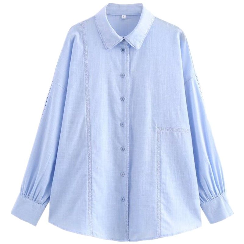 Fashion Style 2024 Autumn New Women's Clothing Easiest for Match Linen Blended Lace Trim Long Sleeves Shirt 8342738
