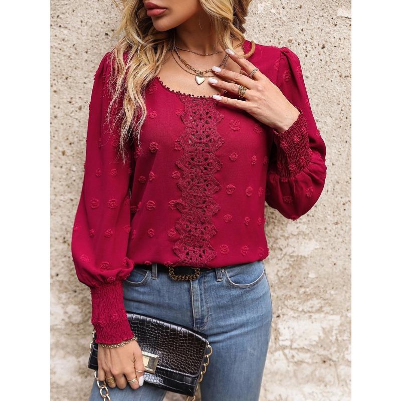 

Женская мода повседневная весна осень однотонные принты длинные рукава U-образный вырез блузки и рубашки XL красный