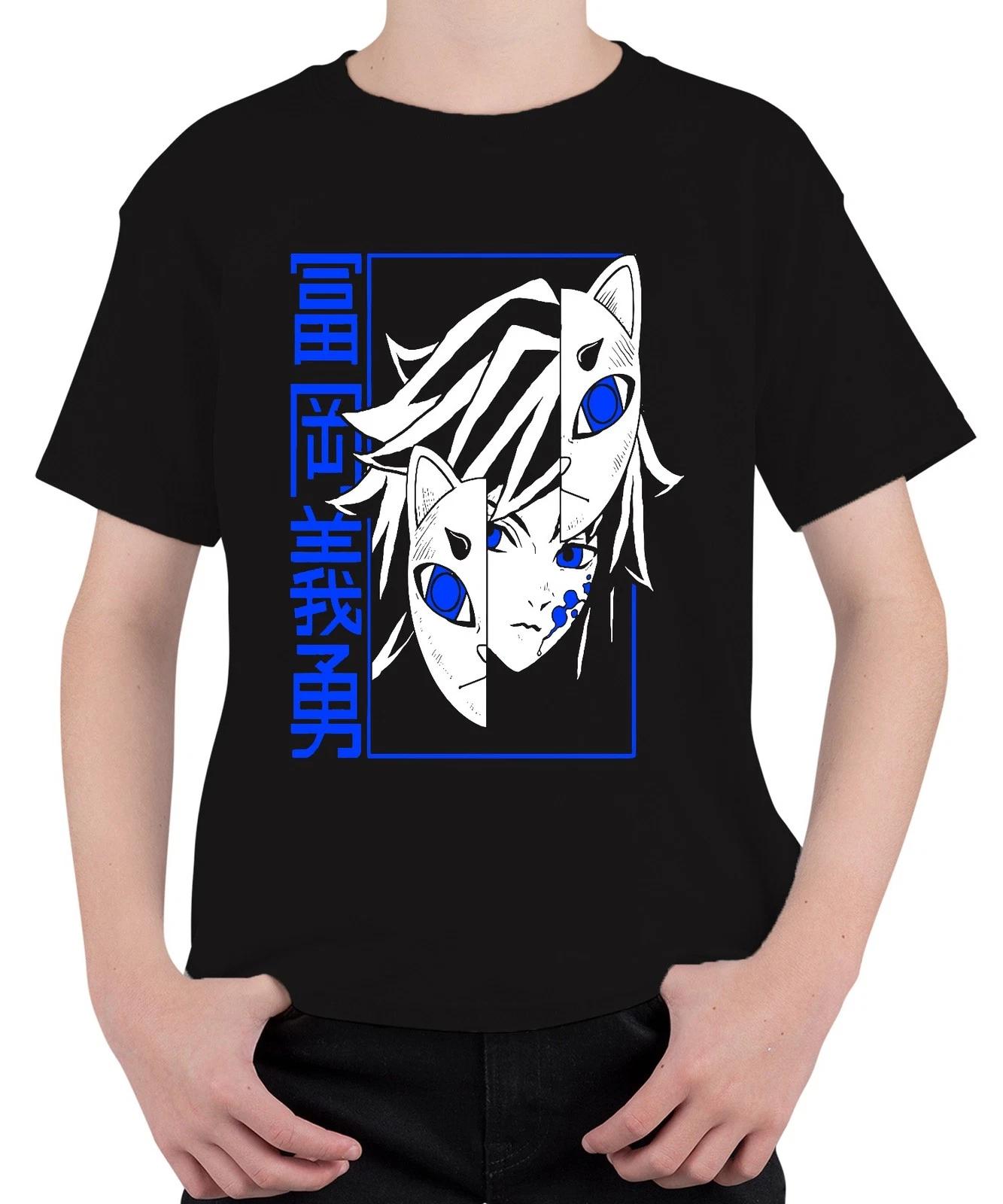 Кицунэ Аниме Половина Лица Голубой Глаз Япония Манга Мрачный Подарок Унисекс Дети Футболка- 4XL