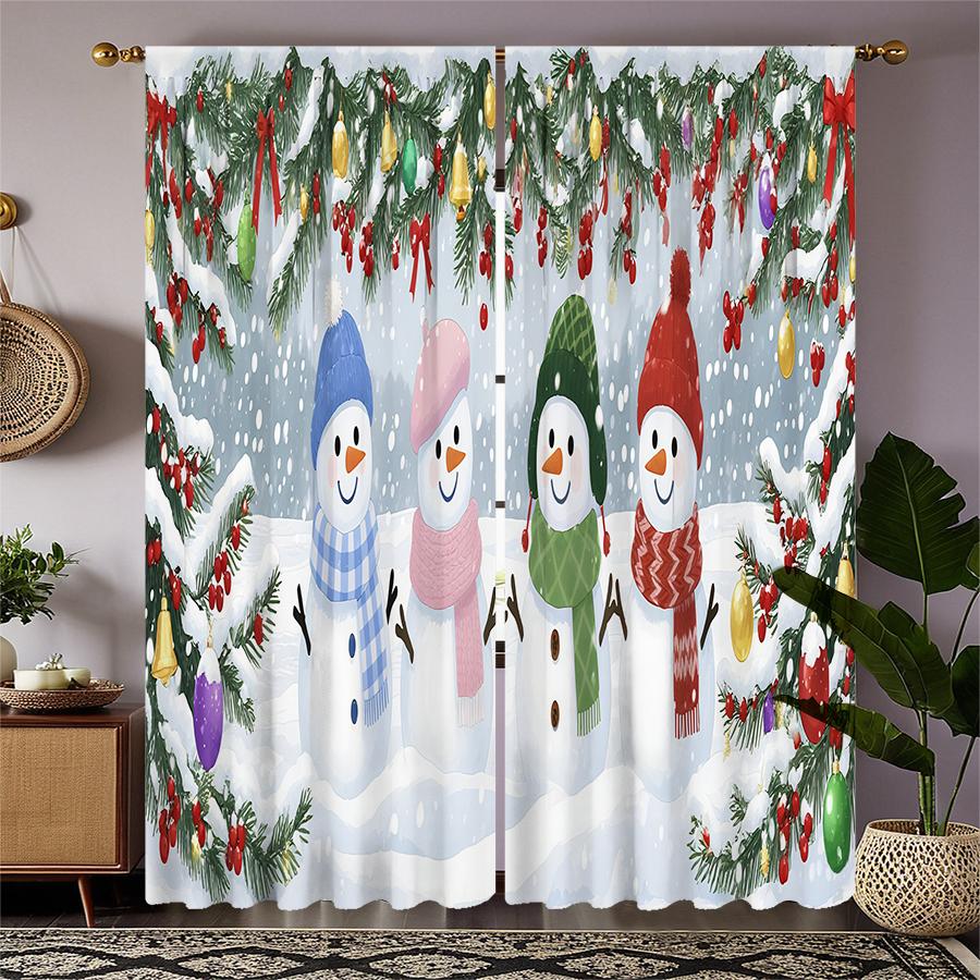 Christmas Snowman Printed Curtains Pole Bag Decorations Daily Home Room Made Of Polyester