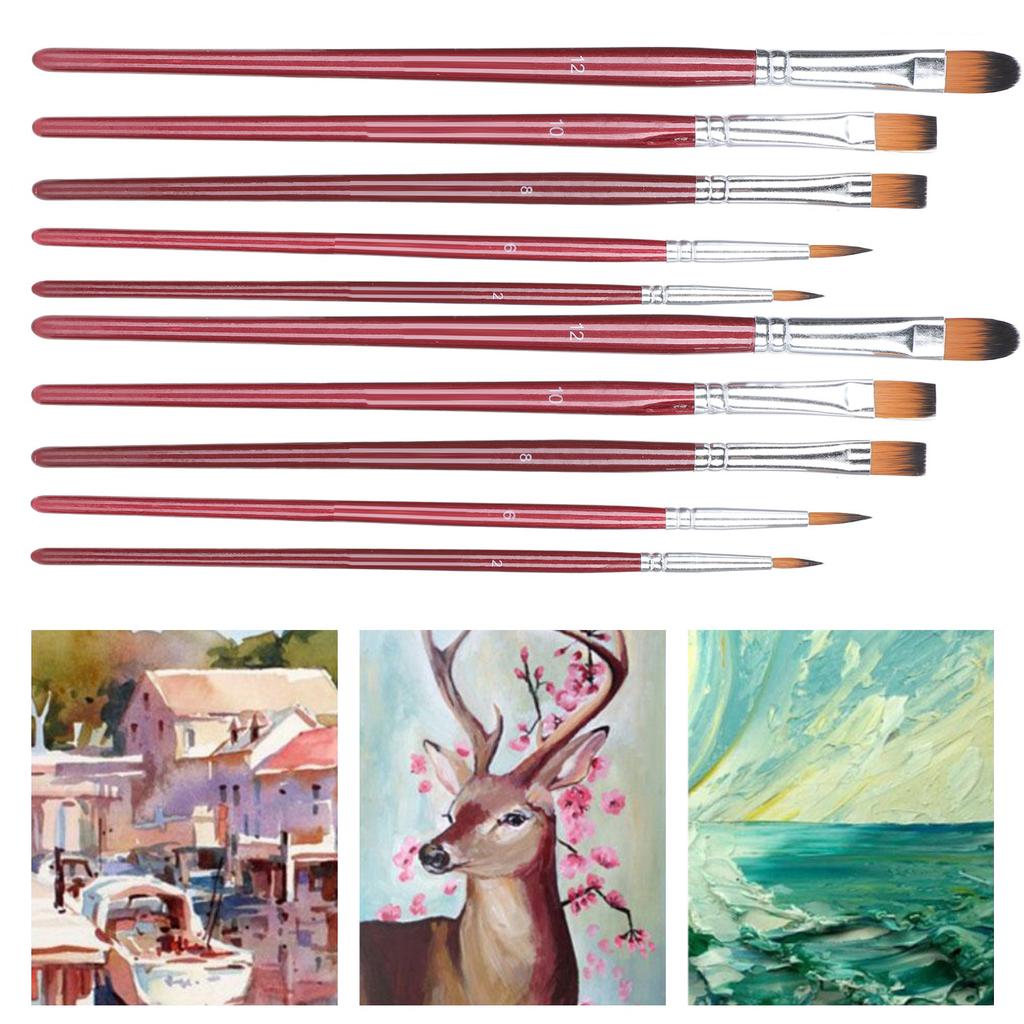 10pcs Artist Paint Brush Set Oil Acrylic Watercolor Gouache Painting Drawing Brush SetBurgundy