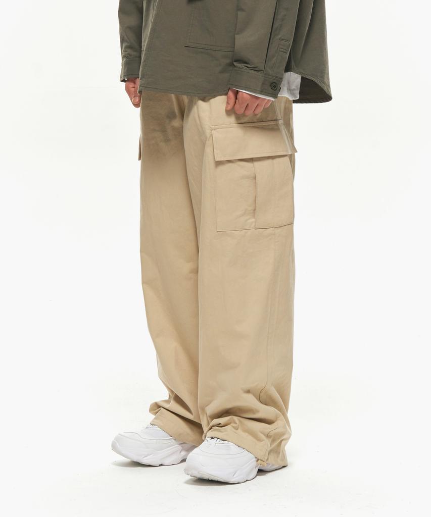 MOZMOZ Back Elastic Cargo Drawstring Cotton Pants Beige