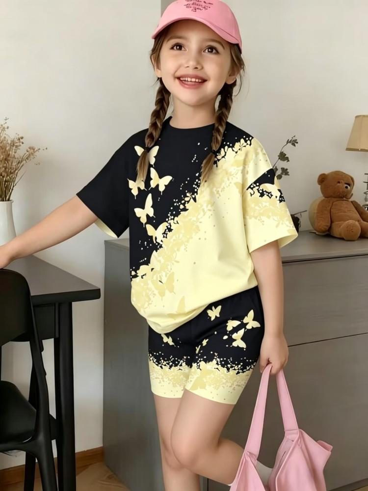 Whimsical 3D Butterfly Print 2 Piece Kids Summer Casual Set Lightweight Short Sleeve Shorts For Unisex Boys Girls